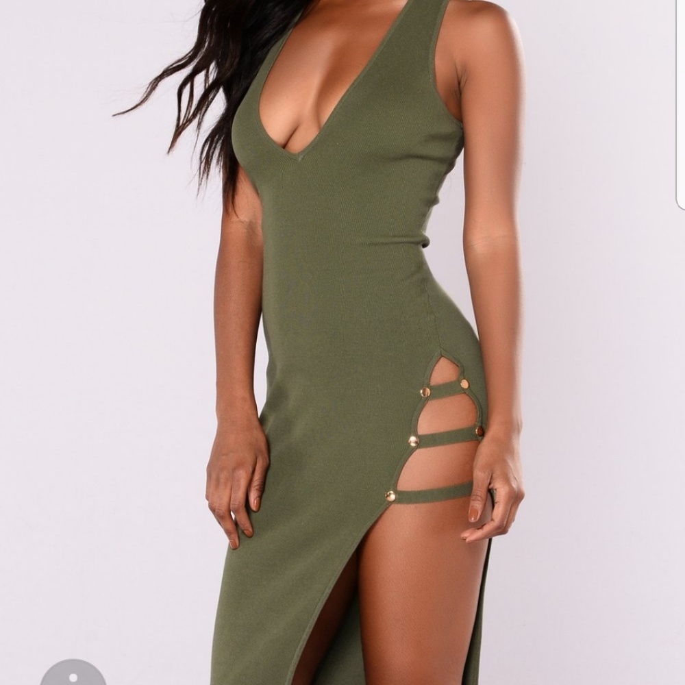 Olive Green Ribbed Party Dress